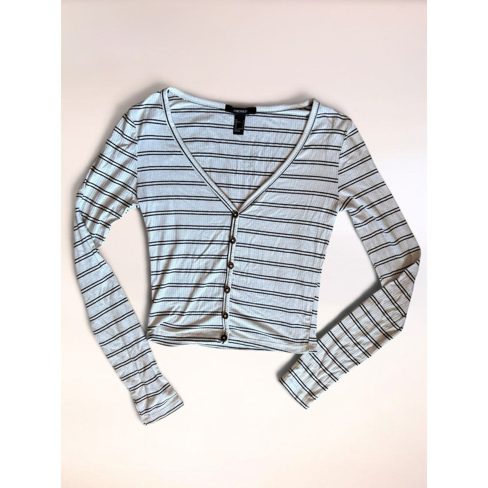 Forever 21 Top Womens S White/Black Long Sleeve Button Up V-Neck Stretch Stripe